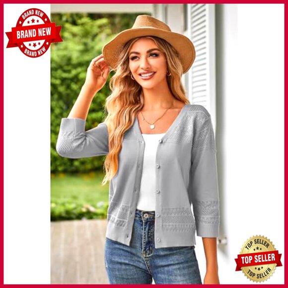 Cropped Cardigan 3/4 Sleeve Lightweight Crochet Shrug Hollowed-Out Knit Sweater - Picture 6 of 7